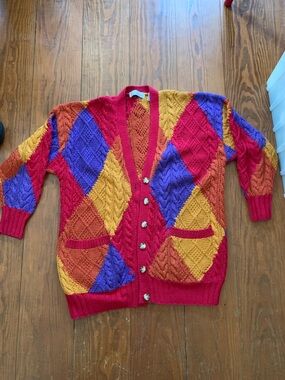 Women’s Colorblock Diamond Knit Cardigan Sweater - Red/Gold/Purple/Orange